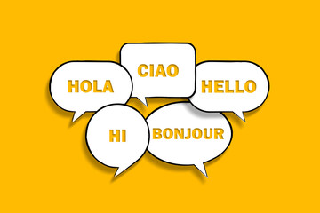 Hello in many different languages with speech bubbles - obrazy, fototapety, plakaty