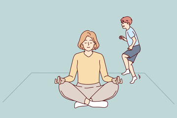 Calm young mom meditate at home with child playing near. Relaxed woman sit in lotus position practice yoga distracted from naughty kid. Vector illustration. 