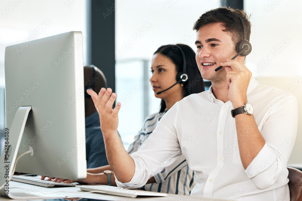 Poster Computer customer support and crm man employee on an office phone consultation. Speaking internet and web call center employee consultant with headset working on tech consulting and telemarketing