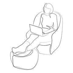 Young woman working at home with laptop, sitting on comfortable chair Line drawing vector illustration. Female freelance worker .Online studying in workspace.Girl using laptop continuous line design