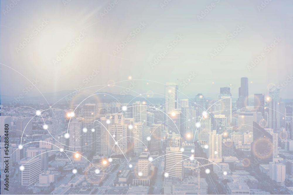 Poster image of wireless connection technology with graph and city view