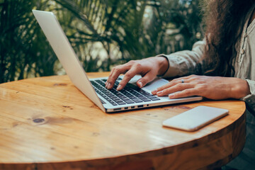 Pretty Young Beauty Woman Using Laptop in cafe, outdoor portrait business woman, hipster style,...