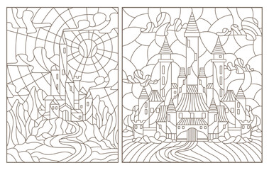 Fototapeta na wymiar Set contour illustration of stained glass of landscapes with ancient castles, dark outlines on a white background