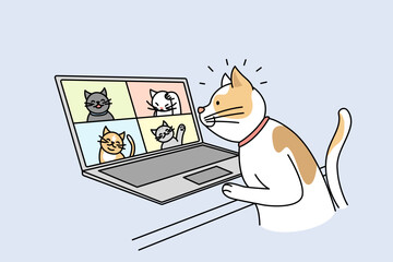 Cute cat talk on video call with cats on computer. Pet have webcam conversation on laptop with kittens. Technology concept. Vector illustration. 