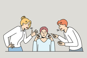 Man close ears ignore loud screaming colleagues shouting and lecturing. Calm ignorant male distracted from coworkers yelling. Stress free. Vector illustration.  - obrazy, fototapety, plakaty