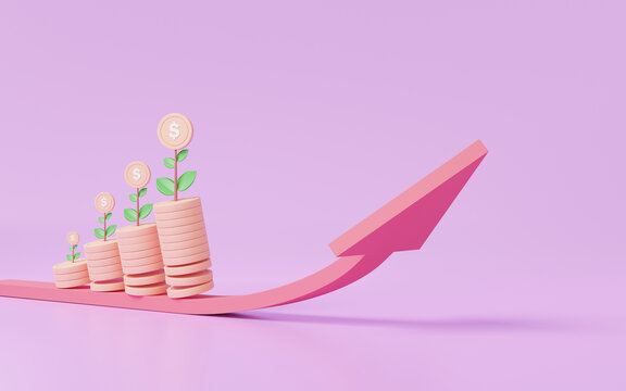 Cartoon minimal style Arrow showing financial coins stacks growing investment with tree on dollar money budget fund interest finance successful growth business development concept. 3d rendering