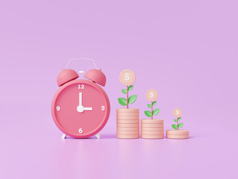 Alarm clock time working showing financial coins stacks growing economics investment with tree on money business development concept. pay debt planing, cost reduction. 3d render illustration