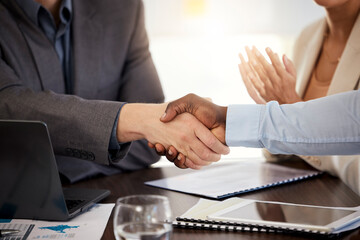 Business deal handshake, office closeup for contract agreement and finance partnership in company. Meeting shaking hands, success collaboration teamwork and corporate thank you for promotion to team