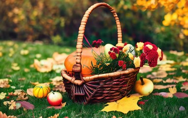 Thanksgiving day basket with apples vegetables and flowers