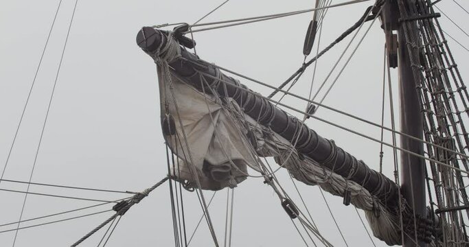Ferdinand Magellan Nao Victoria carrack boat replica mast and sail detail shot in slow motion 60fps