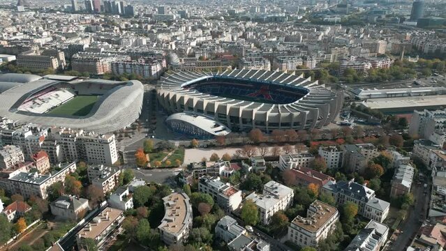 Parc des Princes, PSG Stadium Tour in Paris, France. Aerial drone panoramic view