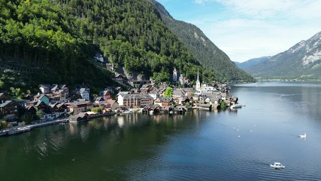 Establishing shot  Hallstatt Austria beautiful lakeside village drone aerial view