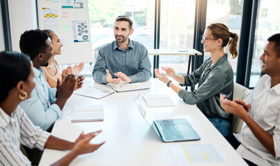 Diversity b2b people, business meeting or applause in office for success partnership, deal or...