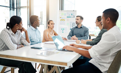 Marketing, business people and meeting in office, startup and digital marketing company for teamwork, collaboration and planning. Men, women and creative diversity with working and brand technology