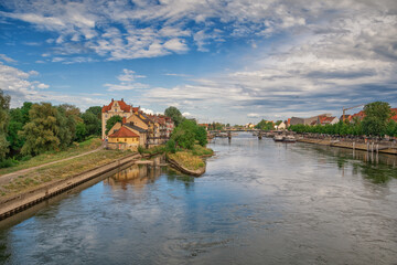 a beautiful view on a sunny day in the german city of regensburg