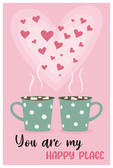 Vector greeting card with a pair of green cups with a hot drink with many hearts on a pink background. Ready-made illustration Happy Valentine's Day for printing, banners, prints, social networks, etc