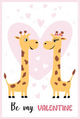Vector greeting card with a pair of giraffes in love with a lot of hearts on a white background. Ready-made Greeting illustration Happy Valentine's Day for print, banners, prints, social networks ets.