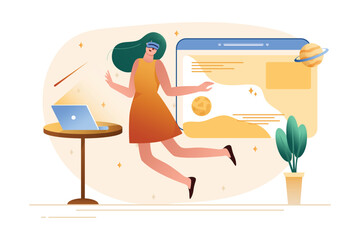 Metaverse gradient concept with people scene in the flat cartoon style. Girl plunged into the virtual space with the help of innovation technologies and gadgets. Vector illustration.