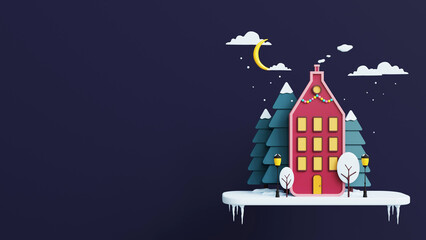 Winter Christmas cute city house with snow, moon, and trees Landscape 3D render