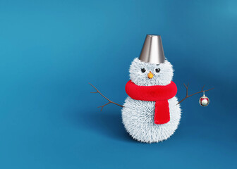 New year small cute fluffy snowman with glass decoration on blue background happy new year and Merry Christmas card 3d rendering