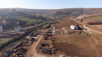 Roads during highway construction. Construction site of highway and interstate motorway