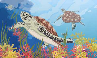 Green turtles swim near the coral reef. Sea and marine life: turtles, corals, tropical fish and algae. Realistic vector landscape