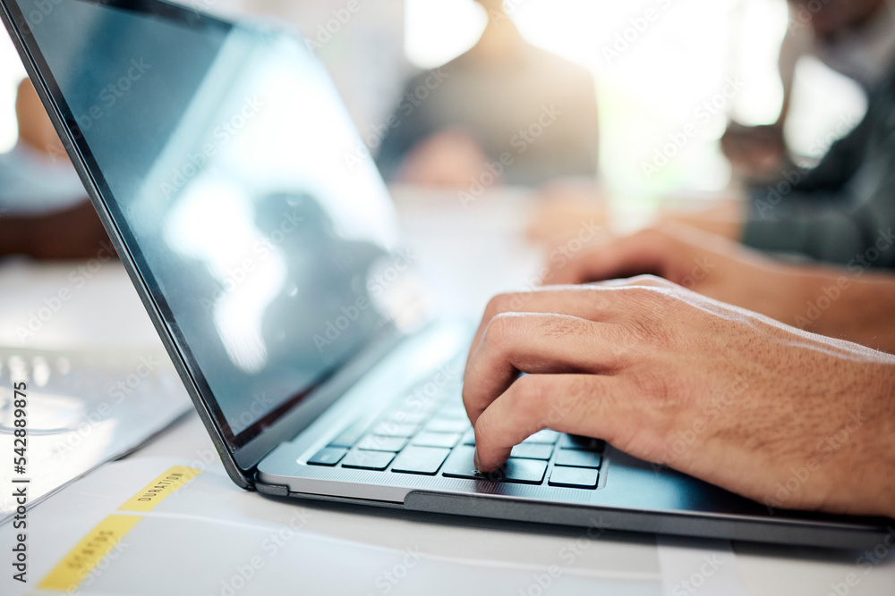 Aufkleber computer, businessman and employee hands typing an email in a corporate office. working, planning an