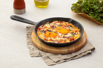 Pan of cooked shakshuka middle eastern dish