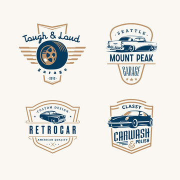 Set of logo templates. Vintage style vector illustration element for retro design label. Suitable for garage, shops, tires, car wash, car restoration, repair and racing.