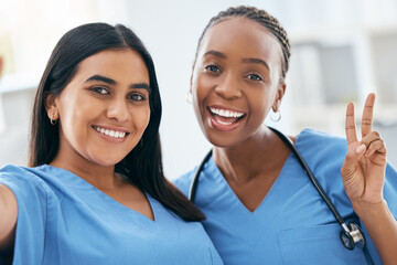 Nurses, medical students and women taking selfie for social media, collaboration or healthcare...