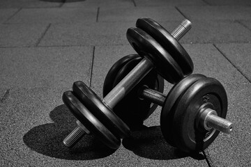 Obraz na płótnie Canvas dumbbell on the rubber floor in the gym, black and white photography. Bodybuilding equipment. Fitness or bodybuilding concept background.