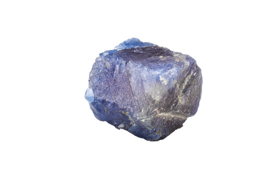 Real raw hexagonal deep blue sapphire, aluminium corundum crystal uncut natural stone macro isolated on a white surface background