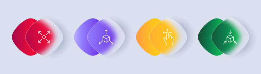 Viewing angles set icon. Three dimensional cube, arrows, move, cursor, hand, angle of view, 360 degrees, vr, virtual reality, graphics, ar, augmented, model. Metaverse concept. Glassmorphism style