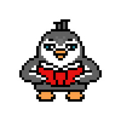 Fototapeta premium Penguin reading a book, pixel art animal character isolated on white background. Old school retro 80s, 90s 8 bit slot machine, video game graphics. Library mascot. Student learning. Education symbol.