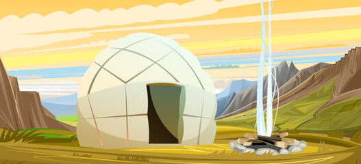 Yurt in tundra. Smoking fire. Against backdrop of mountains. Dwelling of northern nomadic peoples in Arctic. From felt and skins. illustration vector.