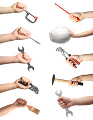 Collage with photos of men holding different construction tools on white background, closeup