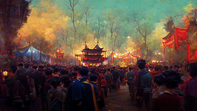 chinese new years festival crowed people on a road