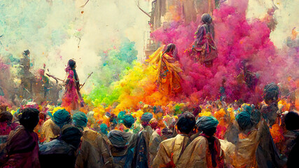Fototapeta na wymiar people celebrating for holi festival of colour in nepal , india illustation design
