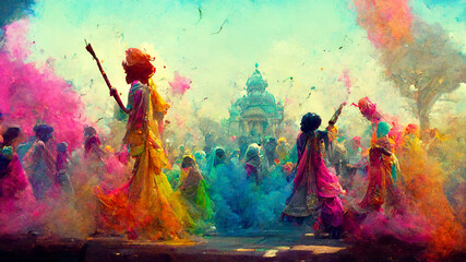 people celebrating for holi festival of colour in nepal , india illustation design - obrazy, fototapety, plakaty