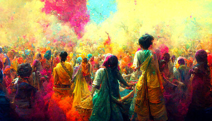 people celebrating for holi festival of colour in nepal , india illustation design - obrazy, fototapety, plakaty