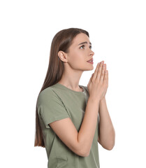 Woman with clasped hands praying on white background