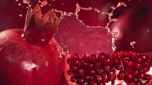 Slow Motion Shot of Pomegranate Juice Splashing through Pomegranate Slices