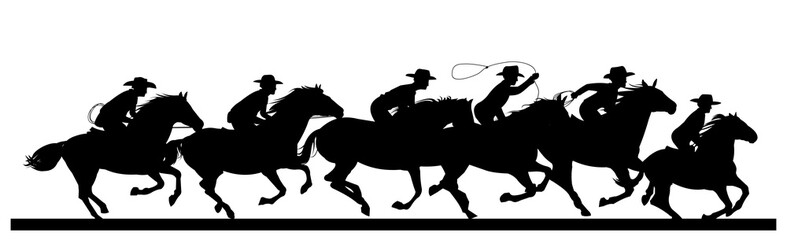 Cowboys ride horses. Picture silhouette. Riders on horseback. Isolated on white background. Vector