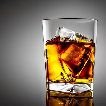 whiskey on clear glass and bottle also diced ice alcohol drawing. picture & image beverage illustration for background