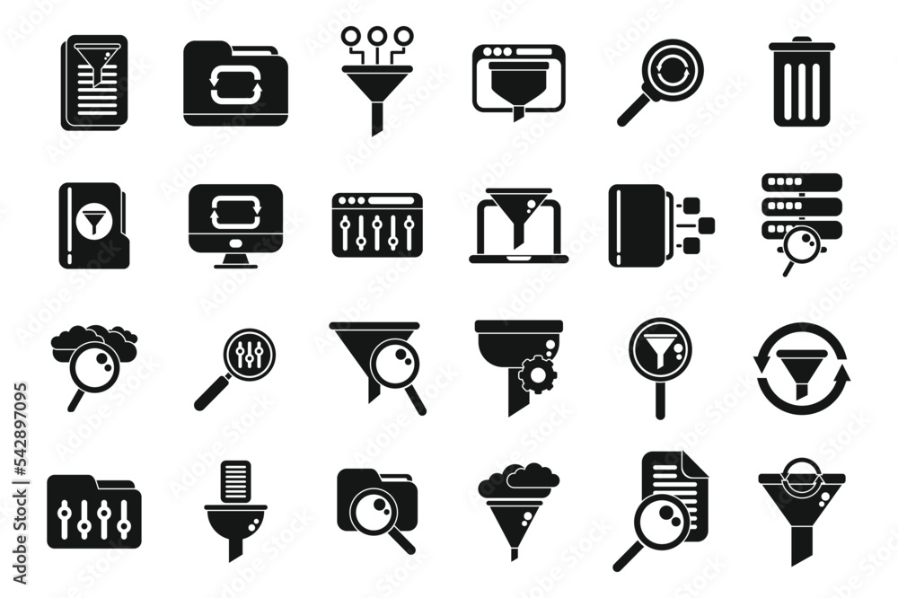 Poster filter search icons set simple vector. filter interface. digital education