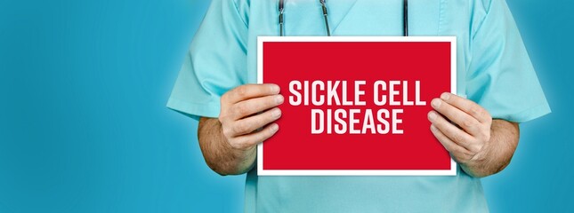 Sickle cell disease (SCD). Doctor shows red sign with medical word on it. Blue background.