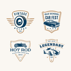 Obraz premium Set of label templates. Vintage style vector illustration element for retro design label. Logo Suitable for garage, shops, tires, car wash, car restoration, repair and racing. 