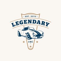 Legendary logo template. Vintage style vector illustration element for retro design label. Suitable for garage, shops, tires, car wash, car restoration, repair and racing. Sport car garage logo
