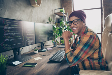 Profile portrait of happy positive handsome guy hardware expert microsoft sitting chair toothy...
