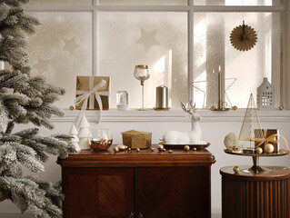Christmas composition on the vintage shelf in the living room interior with beautiful decoration,...